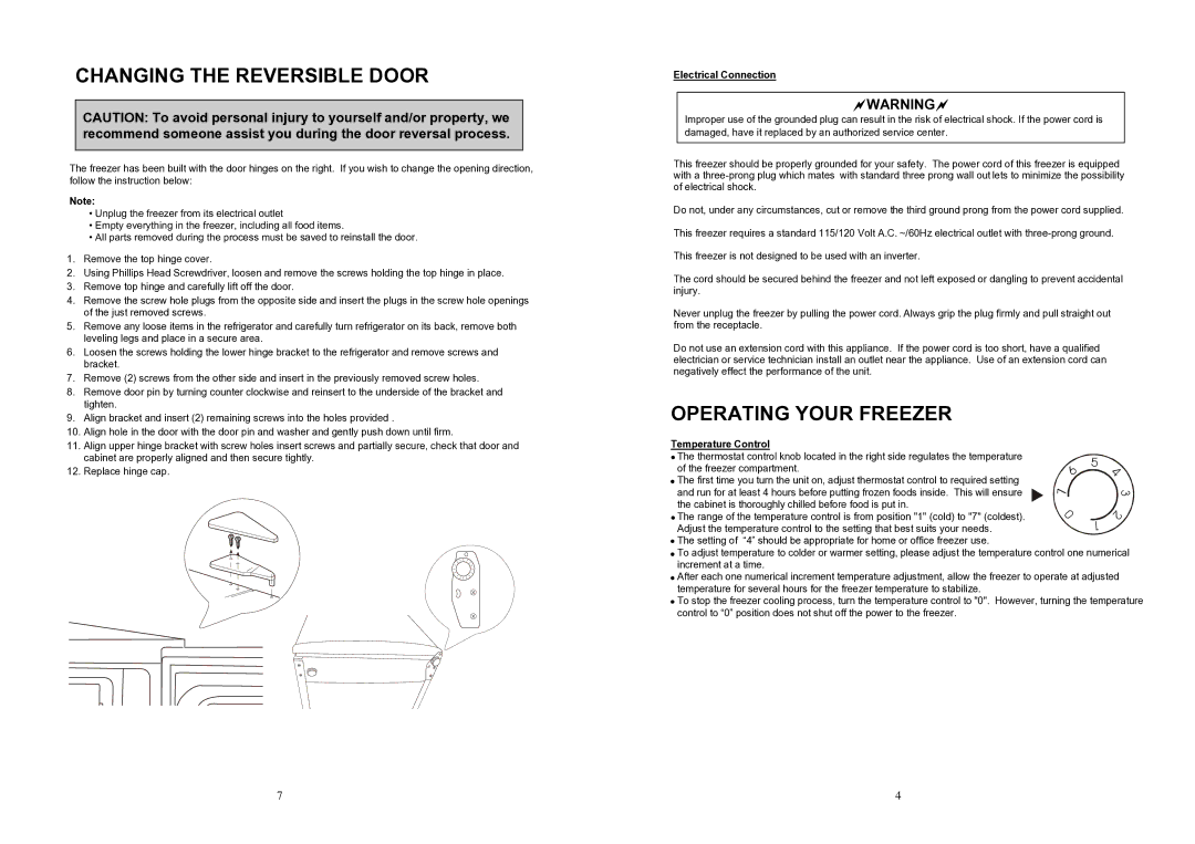 Sunbeam SBUF3W Changing the Reversible Door, Operating Your Freezer, Electrical Connection, Temperature Control 