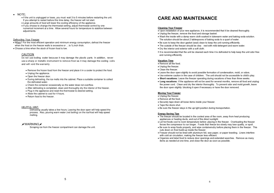 Sunbeam SBUF3W instruction manual Care and Maintenance, Helpful Hint 