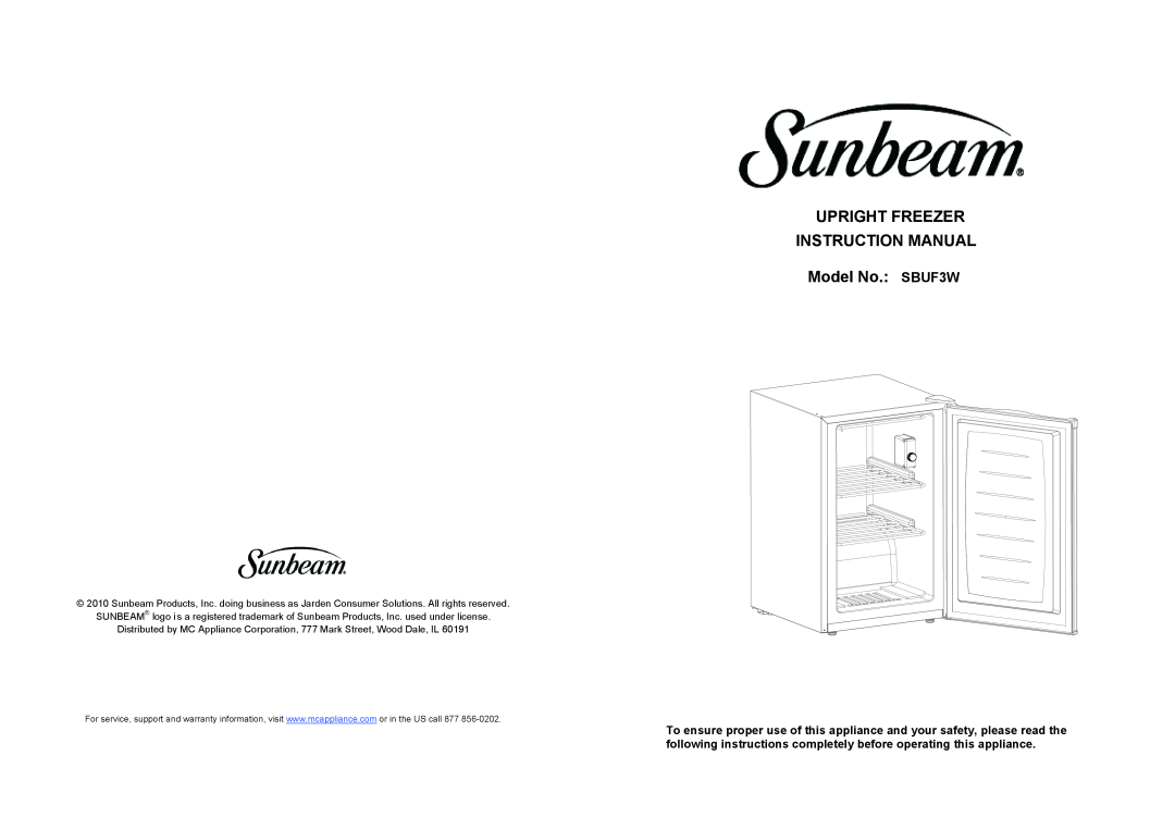 Sunbeam instruction manual Model No. SBUF3W 