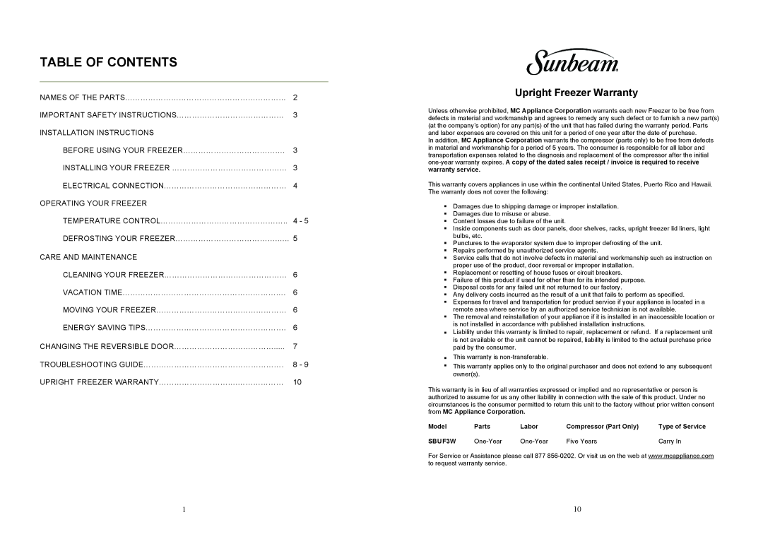 Sunbeam SBUF3W instruction manual Table Of Contents, Upright Freezer Warranty 