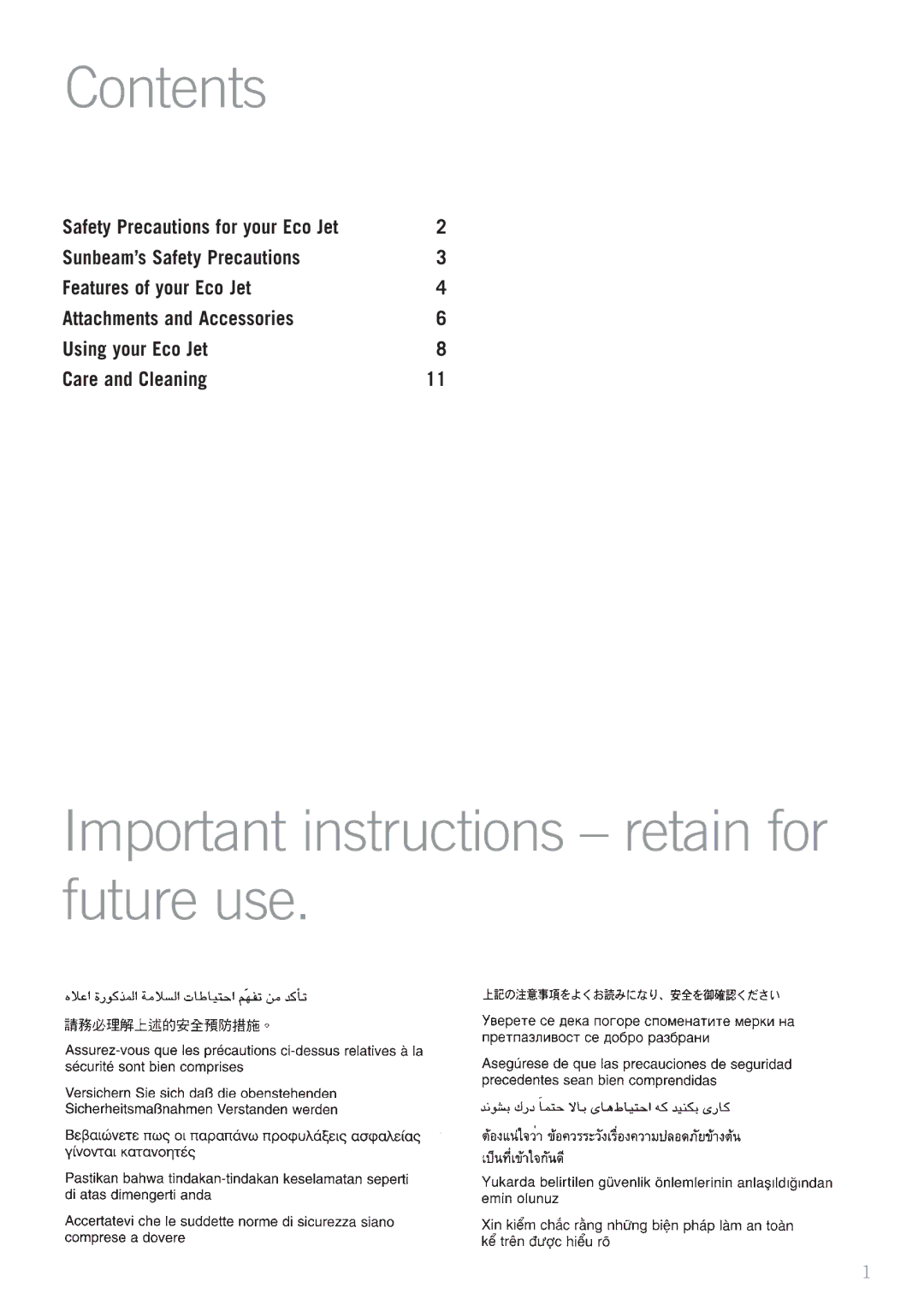 Sunbeam SC4500 manual Contents, Important instructions retain for future use 