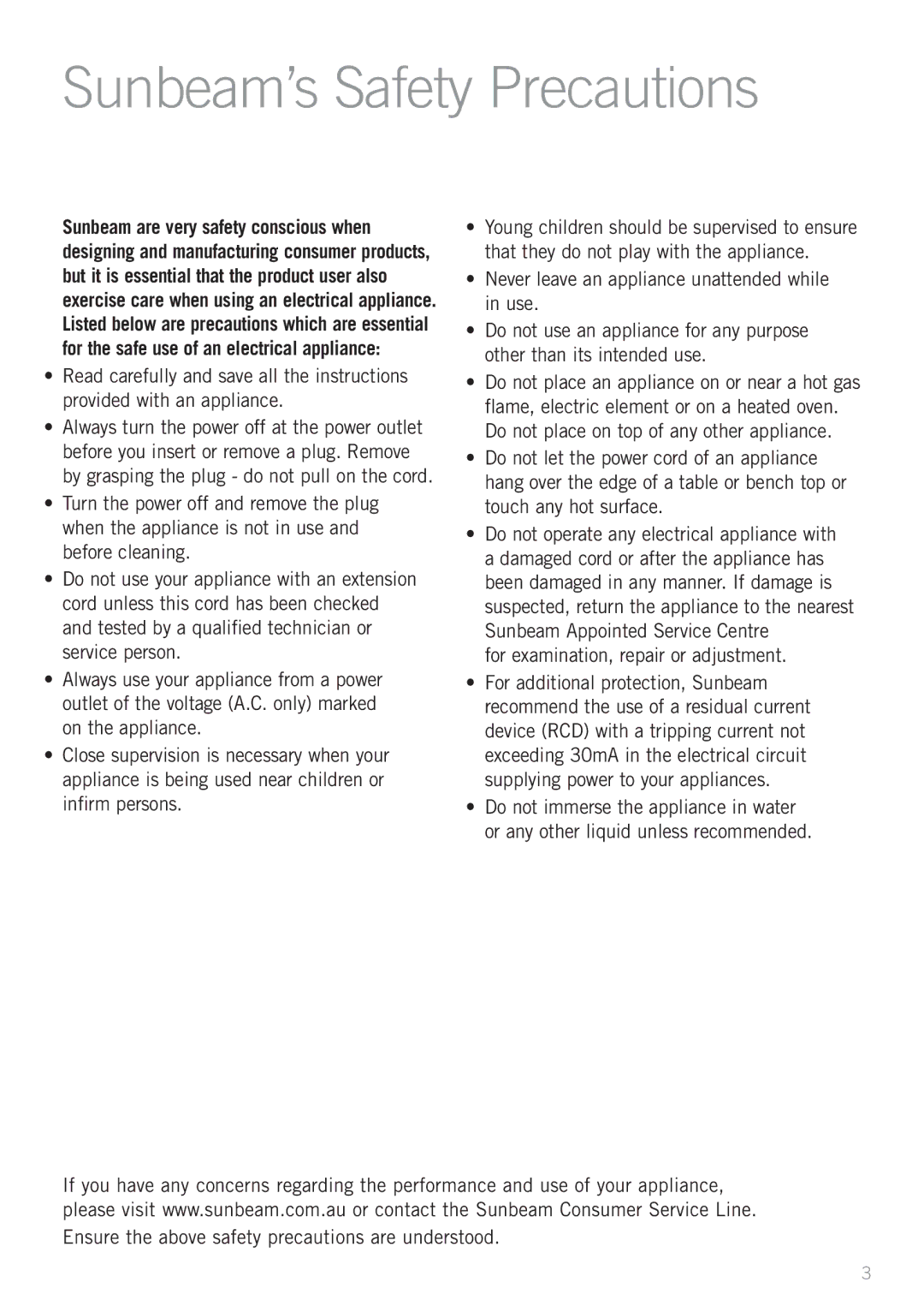 Sunbeam SC4500 manual Sunbeam’s Safety Precautions, For examination, repair or adjustment 