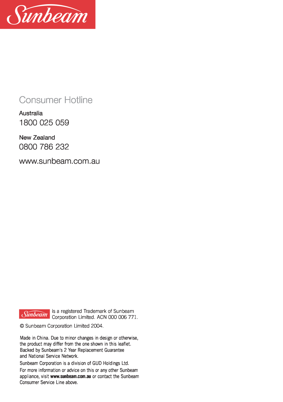 Sunbeam SC4500 manual Consumer Hotline, 1800, Sunbeam Corporation Limited, and National Service Network 