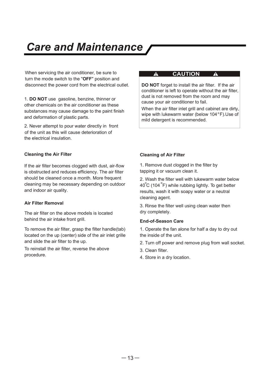 Sunbeam SCA062RWB1 user manual Care and Maintenance, Cleaning the Air Filter, Air Filter Removal, Cleaning of Air Filter 