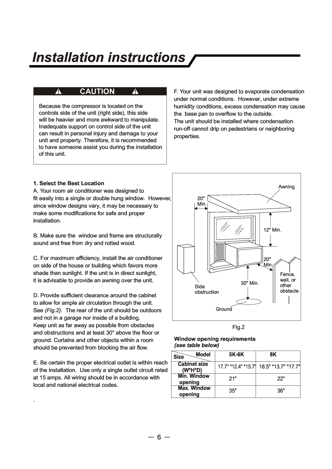 Sunbeam SCA062RWB1 user manual Installation instructions 