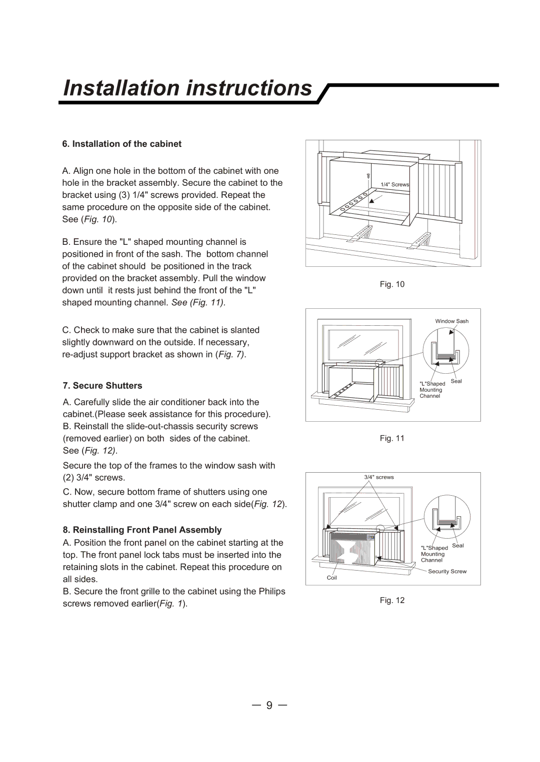 Sunbeam SCA103RWB1 user manual Installation of the cabinet, Secure Shutters, Reinstalling Front Panel Assembly 