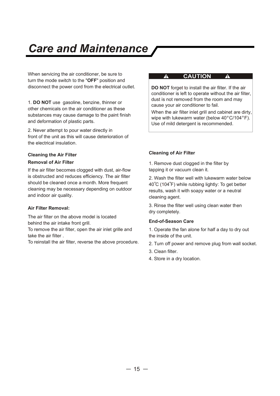 Sunbeam SCA103RWB1 user manual Care and Maintenance, Cleaning the Air Filter Removal of Air Filter, Cleaning of Air Filter 