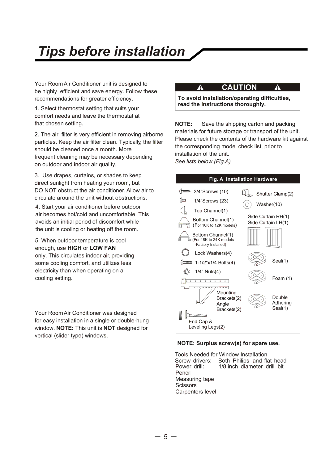 Sunbeam SCA103RWB1 user manual Tips before installation, See lists below.Fig.A 