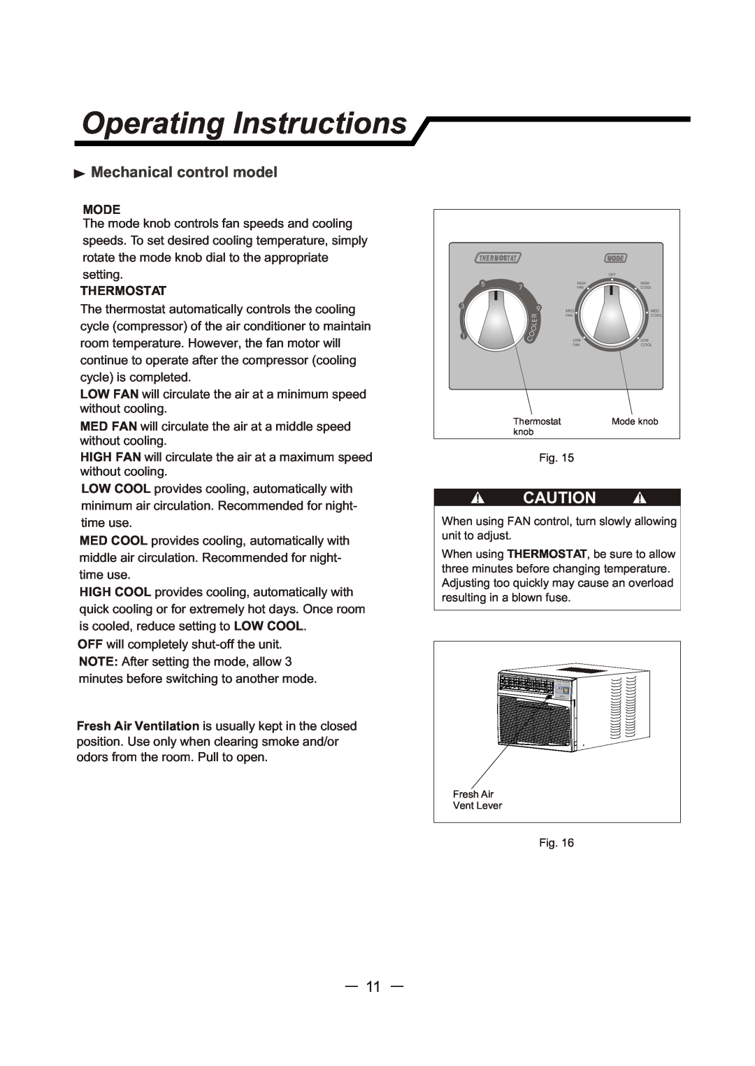 Sunbeam SCA103RWB1 user manual Operating Instructions, Mechanical control model, Mode, Thermostat 