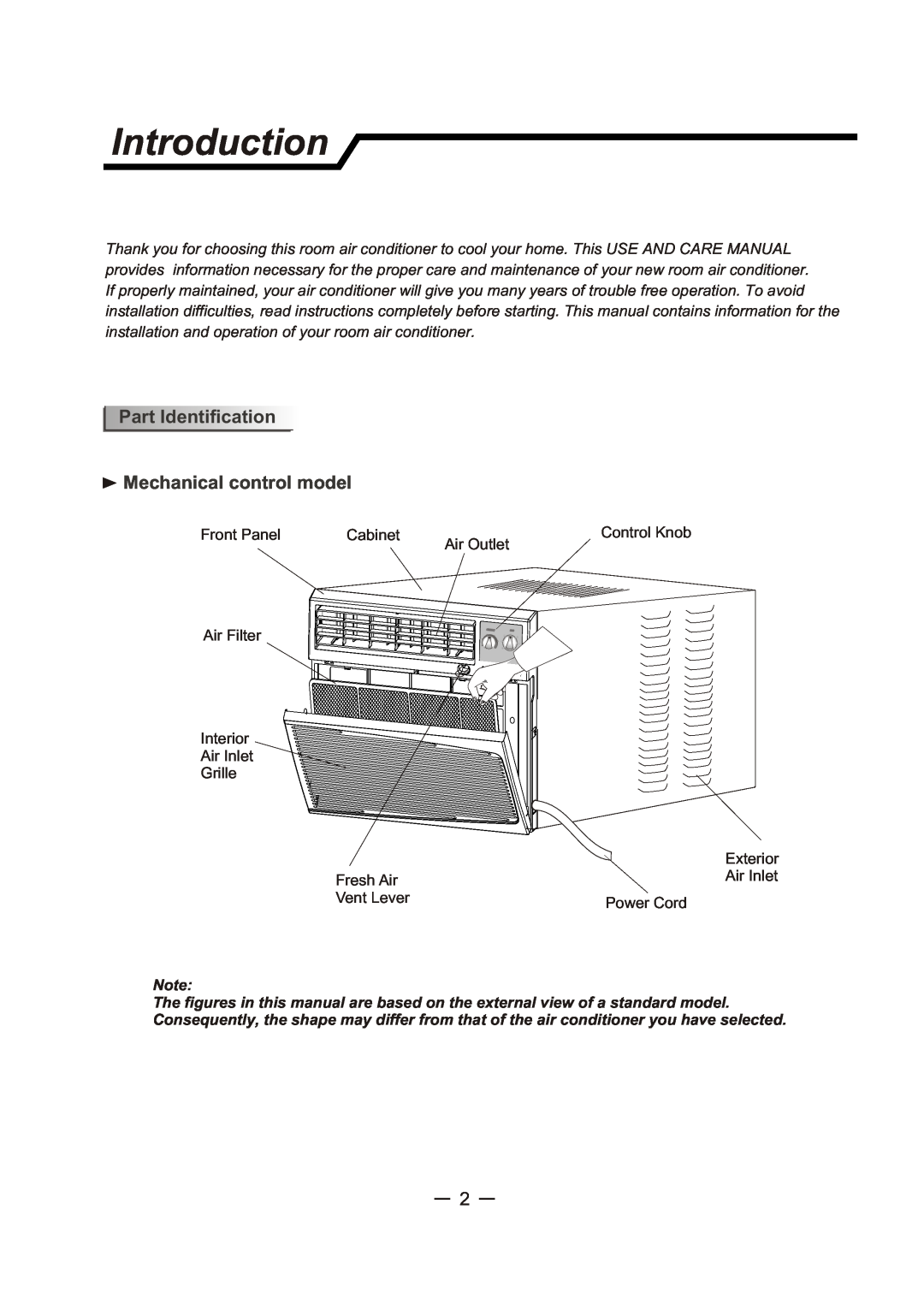 Sunbeam SCA103RWB1 user manual Introduction, Part Identification Mechanical control model 