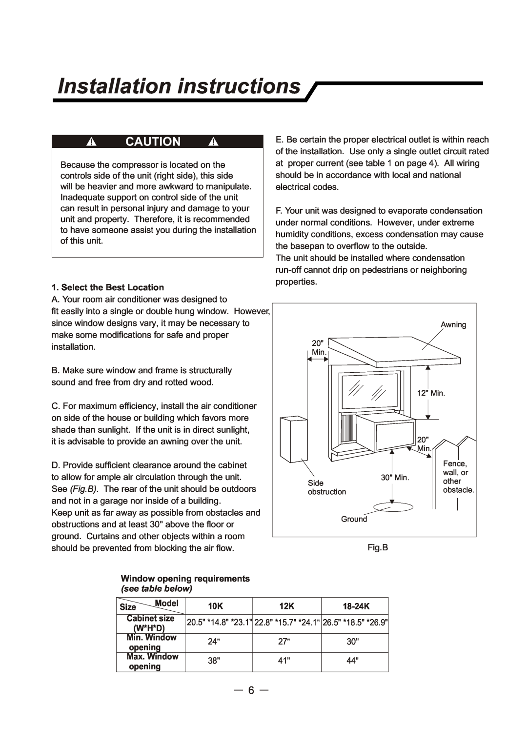Sunbeam SCA103RWB1 Installation instructions, Select the Best Location, Window opening requirements, see table below, Size 