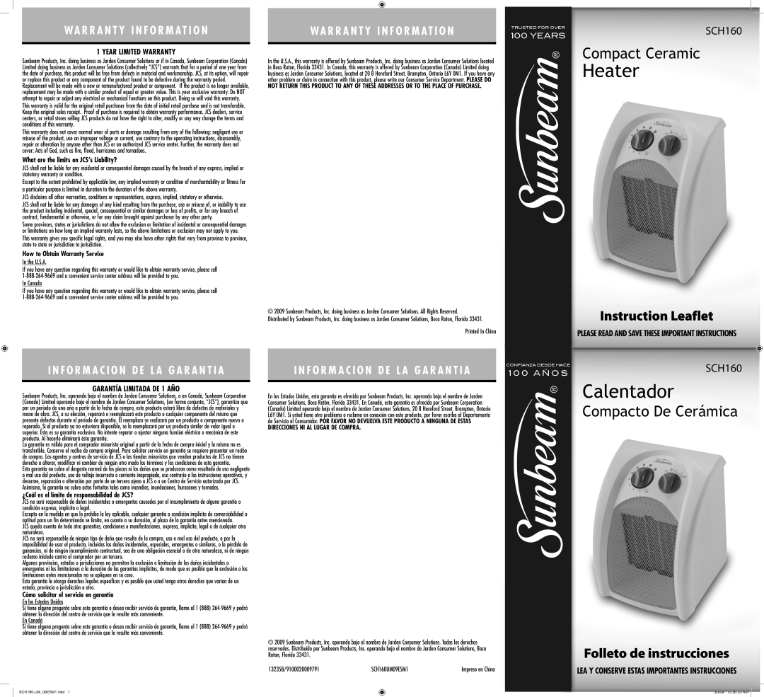 Sunbeam SCH160 warranty Year Limited Warranty, Garantía Limitada DE 1 AÑO 