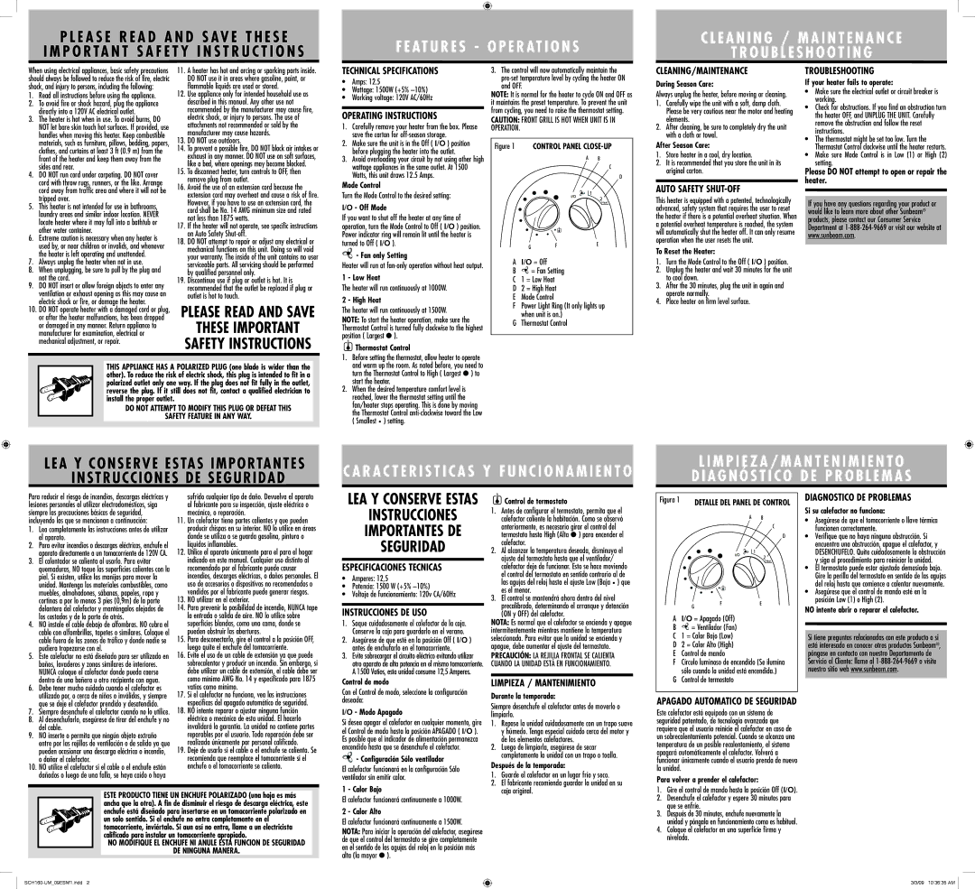 Sunbeam SCH160 warranty Technical Specifications, Operating Instructions, Cleaning/Maintenance, Auto Safety SHUT-OFF 