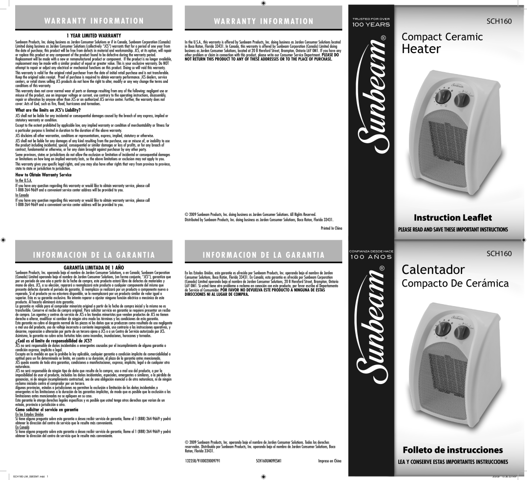 Sunbeam SCH160 warranty I N F O R M A C I O N D E L A G A R A N T I A, Heater, Calentador, Compact Ceramic, Years 