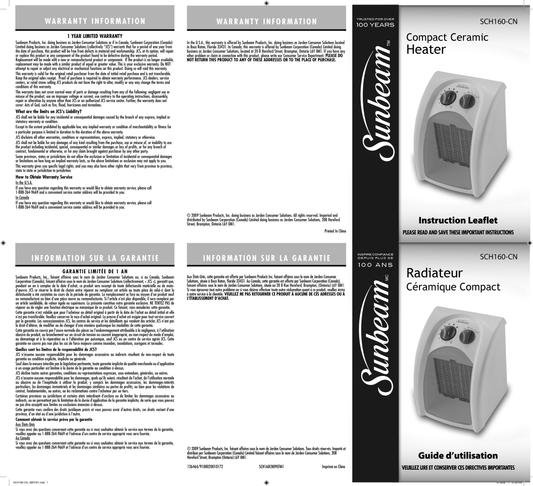 Sunbeam SCH160-CN, SCH160CN09EFM1 warranty Year Limited Warranty, Garantie Limitée DE 1 AN 