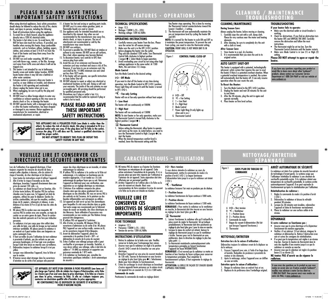 Sunbeam SCH160CN09EFM1 Technical Specifications, Operating Instructions, Cleaning/Maintenance, Auto Safety SHUT-OFF 