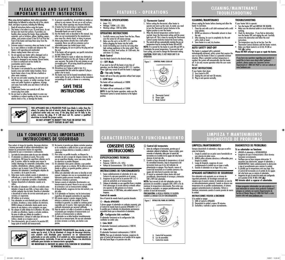 Sunbeam SCH4051 warranty Technical Specifications, Operating Instructions, Cleaning/Maintenance, Auto Safety SHUT-OFF 