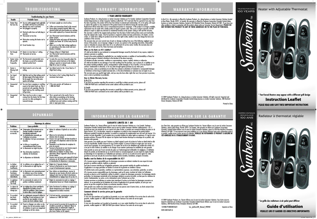 Sunbeam SCH8212 warranty Year Limited Warranty, Garantie Limitée DE 1 AN 