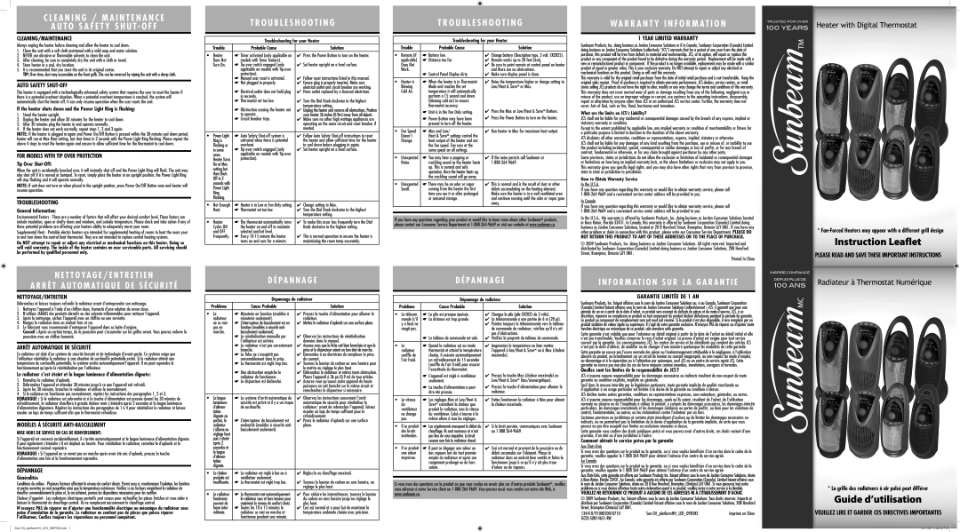 Sunbeam SCH8213 warranty Cleaning/Maintenance, Auto Safety SHUT-OFF, For Models with TIP Over Protection, Troubleshooting 