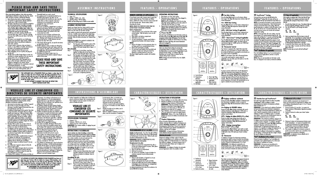 Sunbeam SCH8213 warranty Technical Specifications, Assembly Instructions, Operating Instructions, Spécifications Techniques 