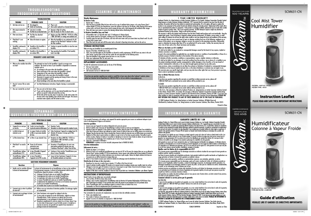 Sunbeam SCM631-CN warranty Storage Instructions, Replacement Accessories, Instructions D’ENTREPOSAGE 