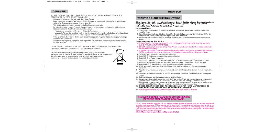 Sunbeam SCRI500-I manual Deutsch, Garantie, Wichtige Sicherheitshinweise, Sicheres Aufstellen des Geräts 