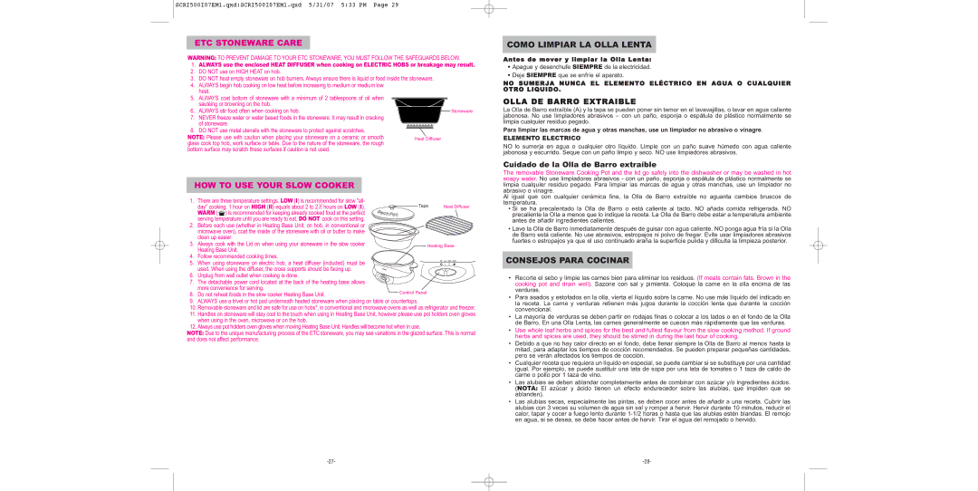 Sunbeam SCRI500-I manual Como Limpiar LA Olla Lenta, Consejos Para Cocinar, Olla DE Barro Extraible, Elemento Electrico 