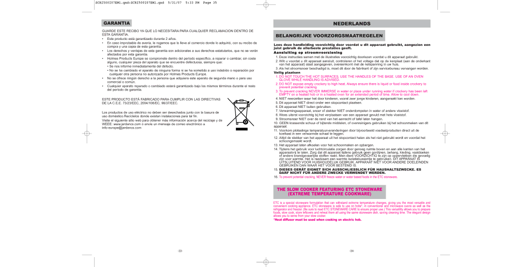 Sunbeam SCRI500-I manual Nederlands, Garantia, Belangrijke Voorzorgsmaatregelen, Veilig plaatsen 