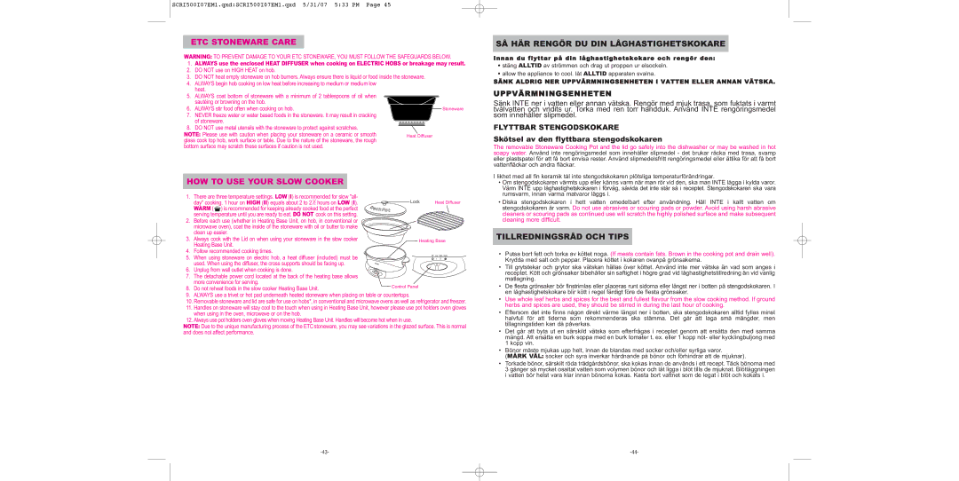 Sunbeam SCRI500-I manual SÅ HÄR Rengör DU DIN Låghastighetskokare, Tillredningsråd OCH Tips, Uppvärmningsenheten 