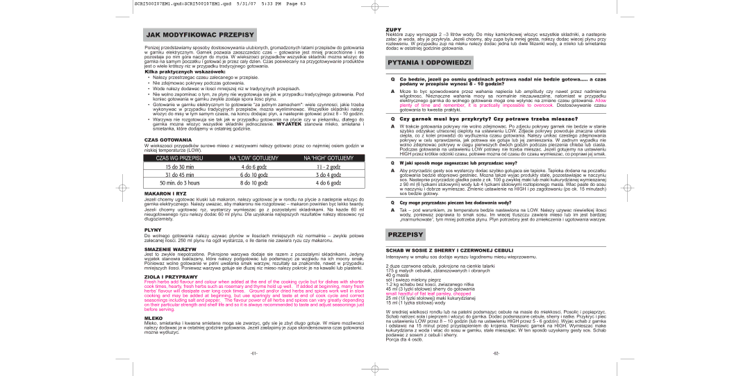 Sunbeam SCRI500-I manual JAK Modyfikowac Przepisy, Pytania I Odpowiedzi, Czas WG Przepisu NA LOW Gotujemy NA High Gotujemy 