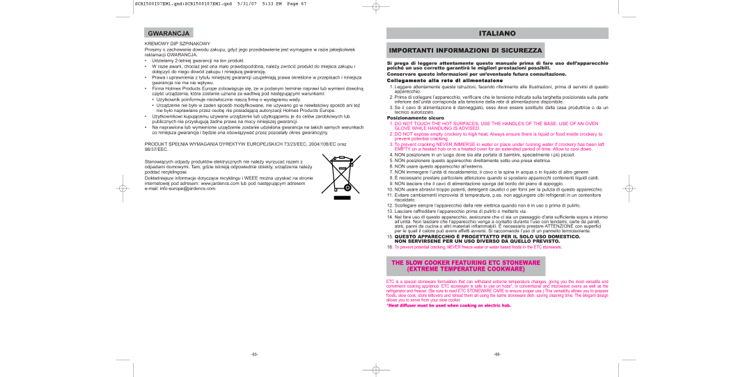 Sunbeam SCRI500-I manual Italiano, Gwarancja, Importanti Informazioni DI Sicurezza, Posizionamento sicuro 