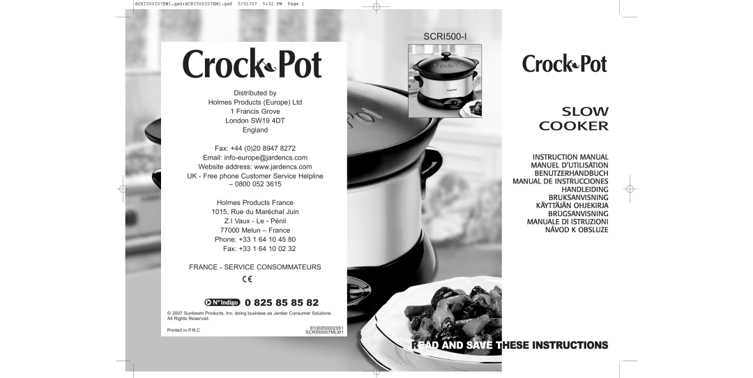 Sunbeam SCRI500-I manual Slow Cooker, Read And Save These Instructions, 0 825 85 85, Návod K Obsluze 