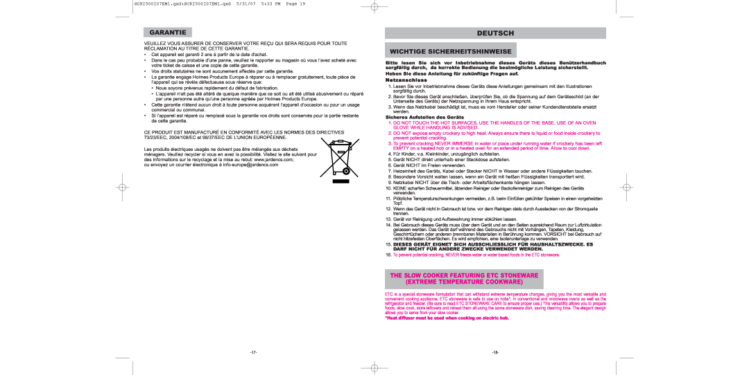 Sunbeam SCRI500-I manual Deutsch, Garantie, Wichtige Sicherheitshinweise, Sicheres Aufstellen des Geräts 