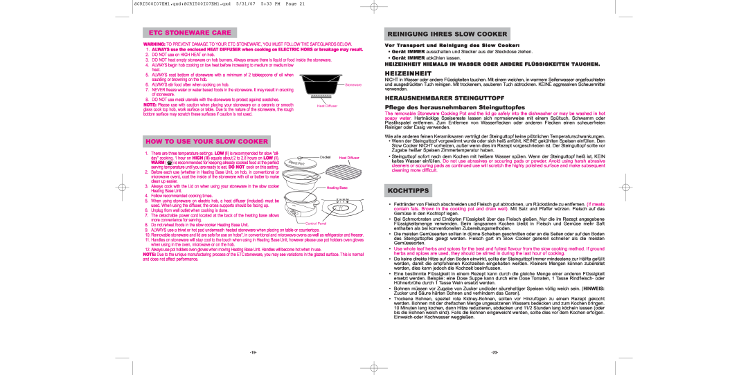 Sunbeam SCRI500-I Etc Stoneware Care, How To Use Your Slow Cooker, Reinigung Ihres Slow Cooker, Kochtipps, Heizeinheit 