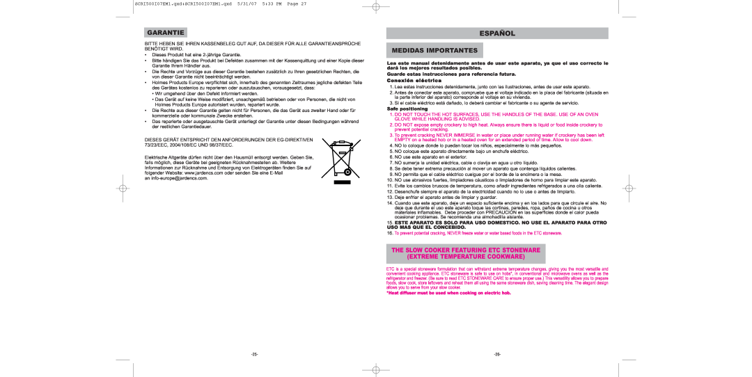 Sunbeam SCRI500-I manual Español, Garantie, Medidas Importantes, Safe positioning 