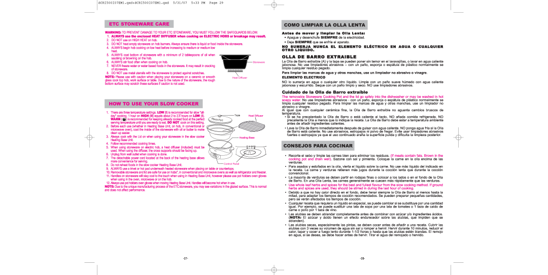 Sunbeam SCRI500-I manual Etc Stoneware Care, How To Use Your Slow Cooker, Como Limpiar La Olla Lenta, Consejos Para Cocinar 