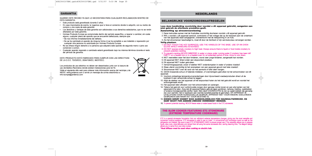 Sunbeam SCRI500-I manual Nederlands, Garantia, Belangrijke Voorzorgsmaatregelen, Aansluiting op stroomvoorziening 