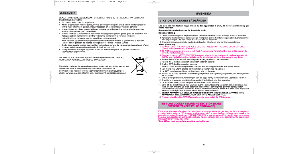 Sunbeam SCRI500-I manual Svenska, Garantie, Viktiga Säkerhetsåtgärder, Säker placering 