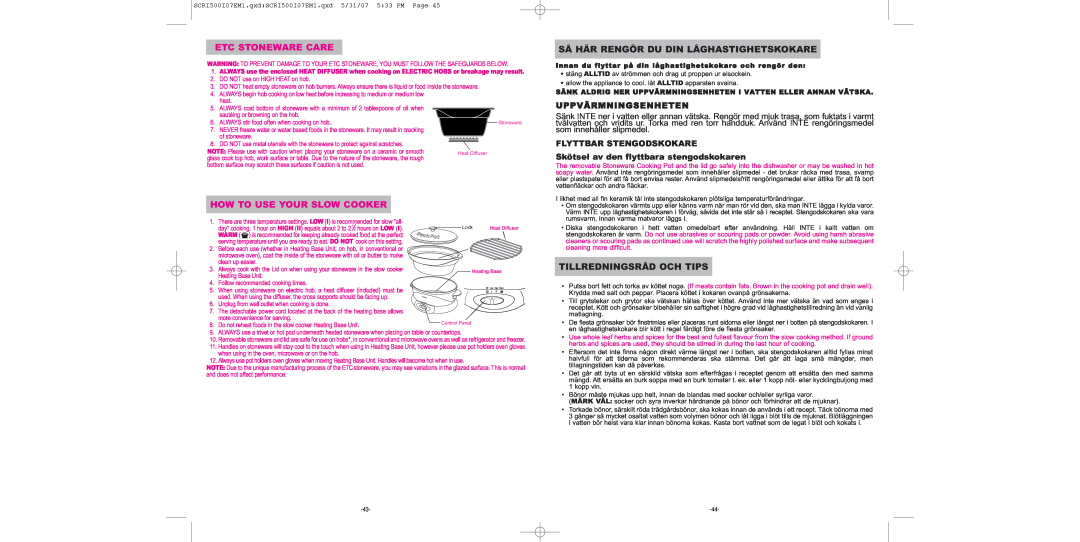 Sunbeam SCRI500-I manual Etc Stoneware Care, How To Use Your Slow Cooker, Så Här Rengör Du Din Låghastighetskokare 