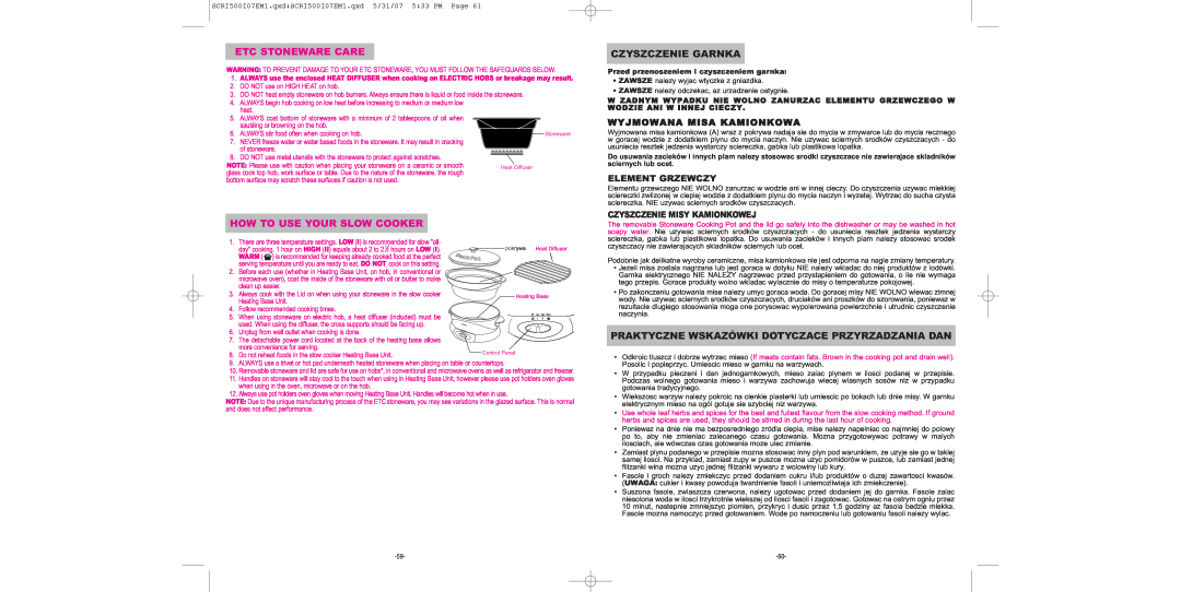 Sunbeam SCRI500-I manual Etc Stoneware Care, How To Use Your Slow Cooker, Czyszczenie Garnka, Wyjmowana Misa Kamionkowa 