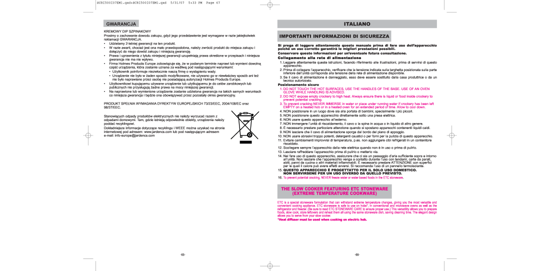 Sunbeam SCRI500-I manual Italiano, Gwarancja, Importanti Informazioni Di Sicurezza, Posizionamento sicuro 