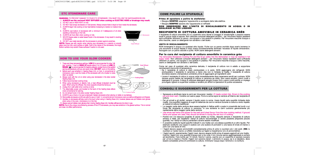 Sunbeam SCRI500-I manual Etc Stoneware Care, How To Use Your Slow Cooker, Come Pulire La Stufaiola, Unità Di Riscaldamento 