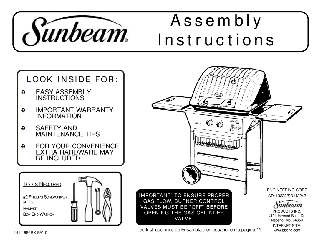 Sunbeam SD113232, SD113242 warranty Assembly Instructions 