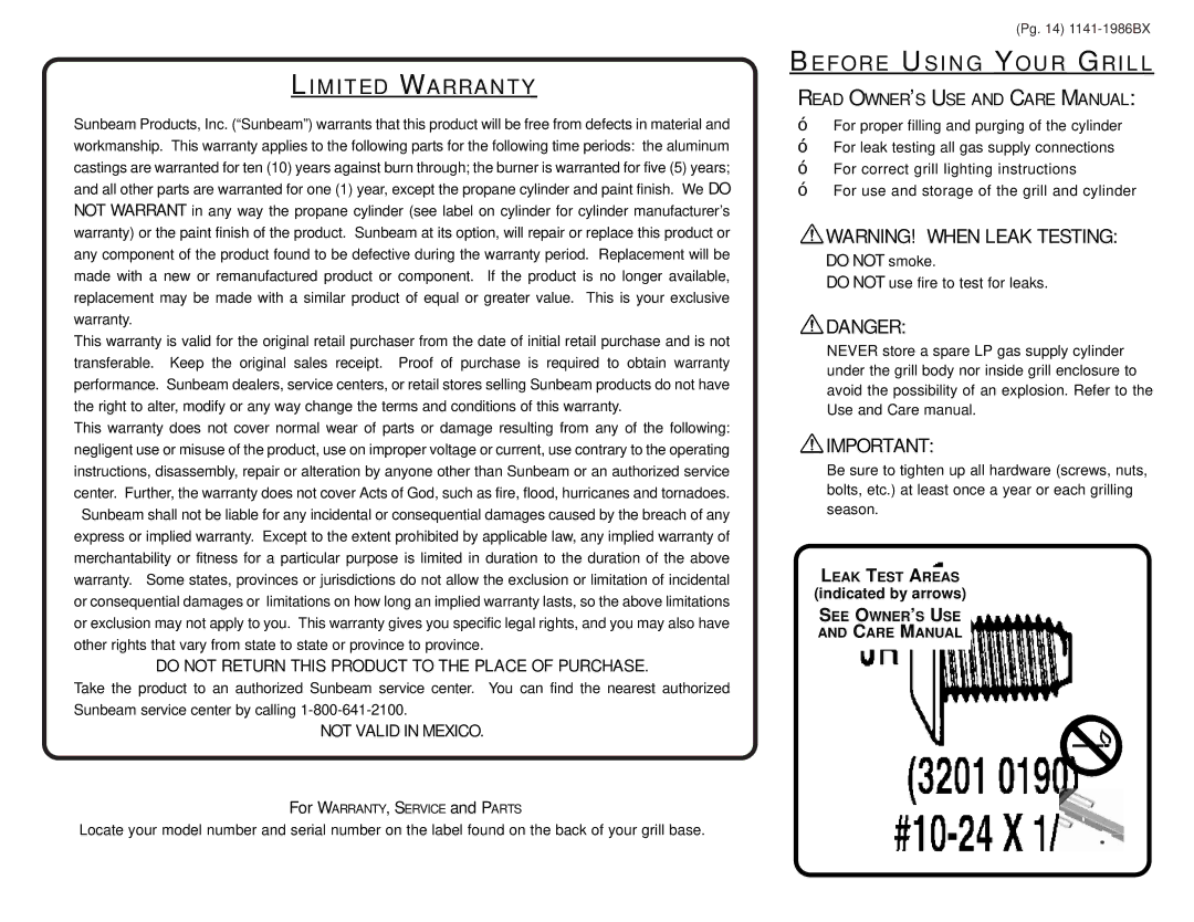 Sunbeam SD113242, SD113232 warranty Limited Warranty, Do not smoke 