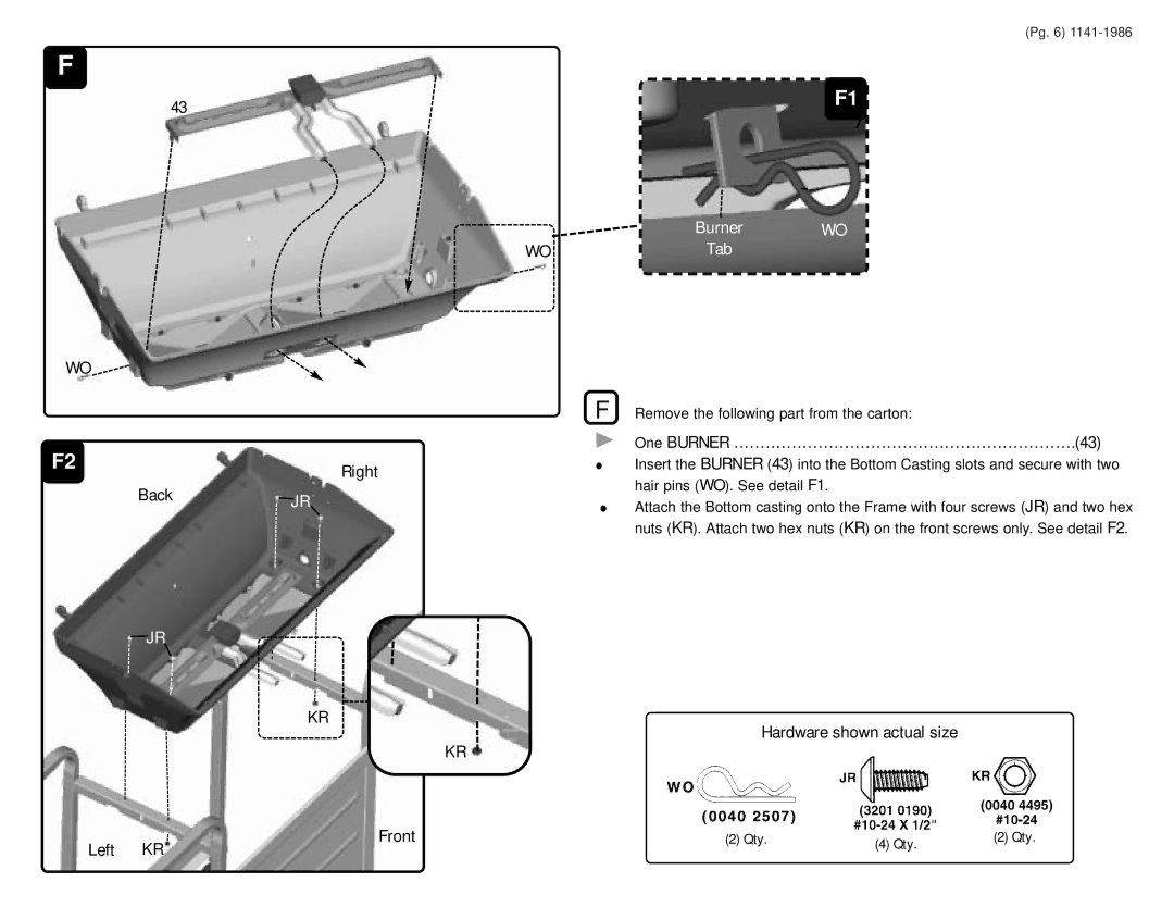 Sunbeam SD113242, SD113232 warranty Burner Tab, Hardware shown actual size Left KR Front 