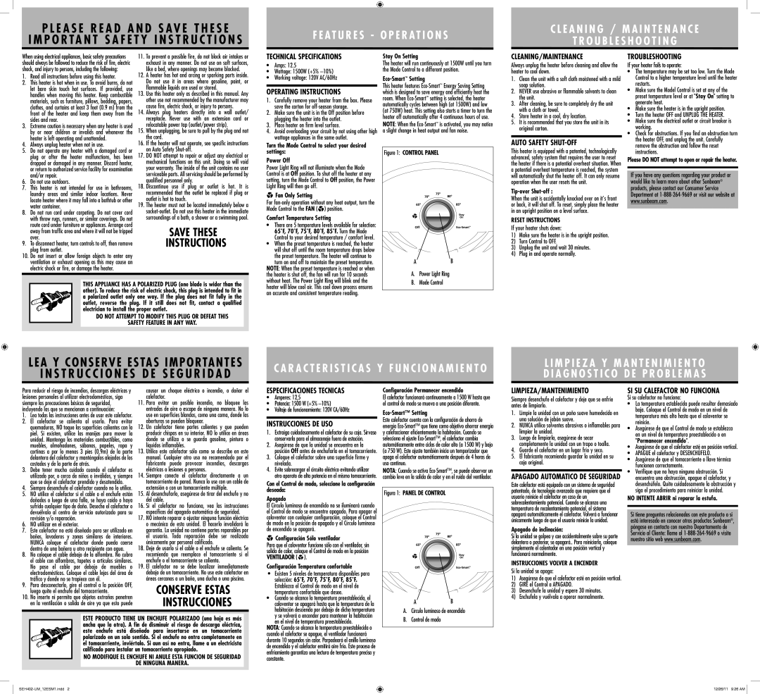 Sunbeam SEH402 warranty Technical Specifications, Operating Instructions, Cleaning/Maintenance, Auto Safety SHUT-OFF 