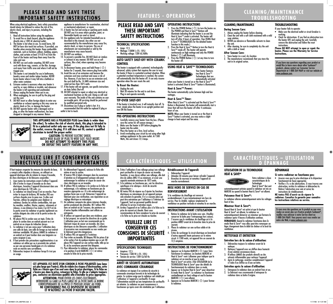 Sunbeam SEH8001 Technical Specifications, Auto Safety SHUT-OFF with Ceramic Control, Operating Instructions, Dépannage 