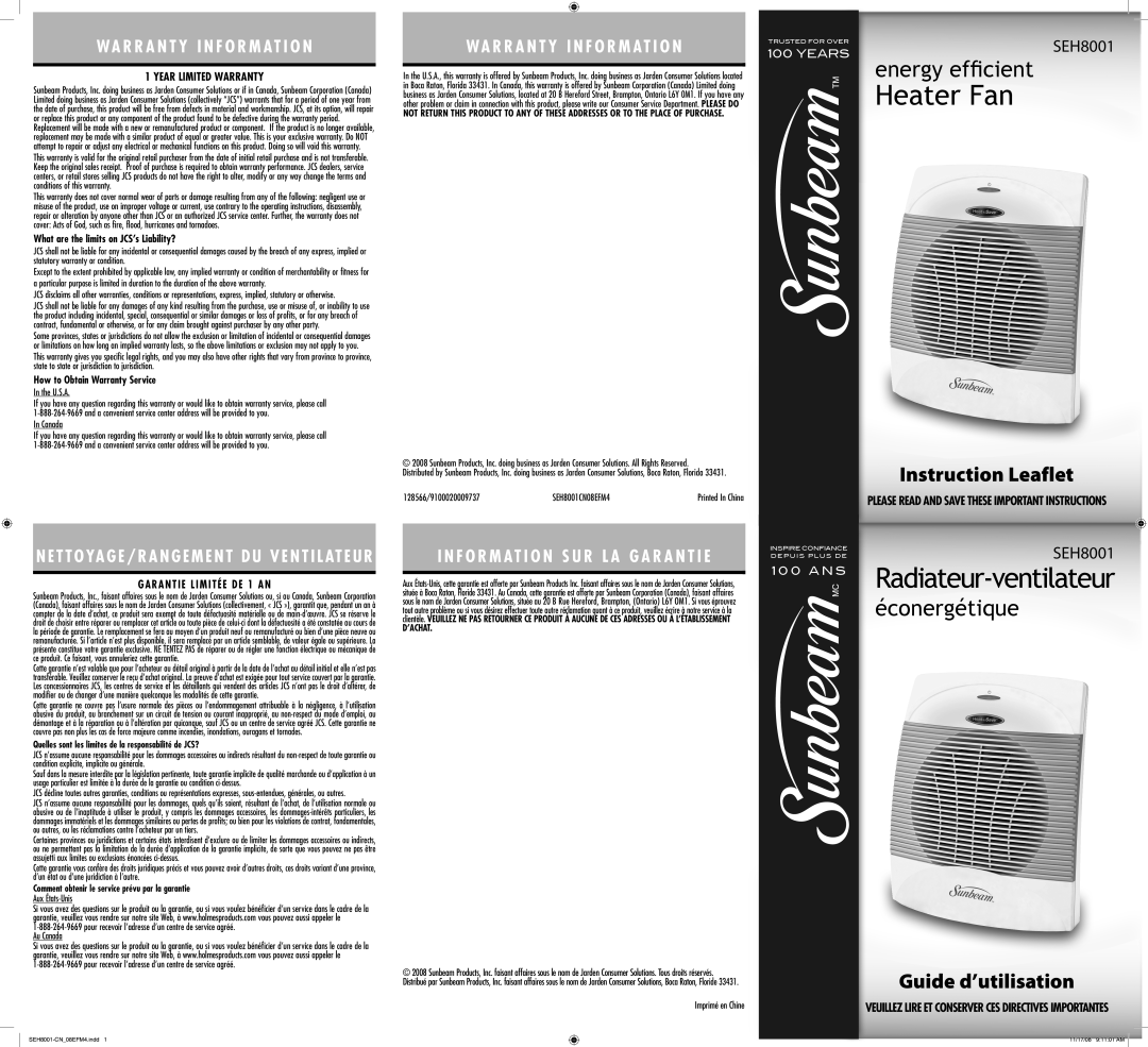 Sunbeam SEH8001 warranty Please Read And Save These Important Instructions, Heater Fan, Radiateur-ventilateur, Years 