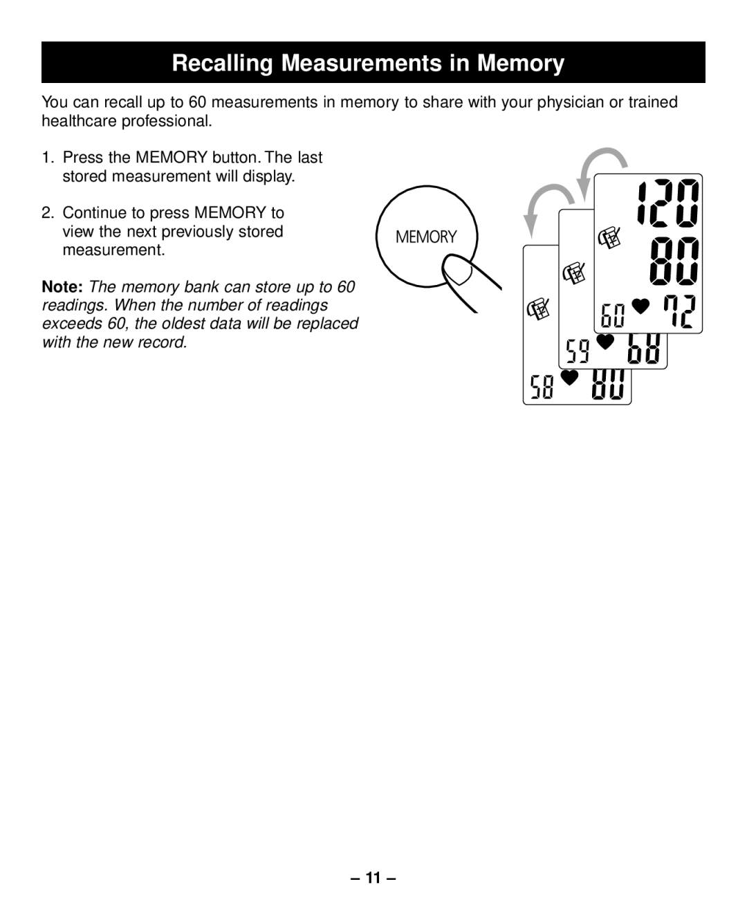 Sunbeam Semi-Automatic Blood Pressure Monitor with Memory instruction manual Recalling Measurements in Memory 