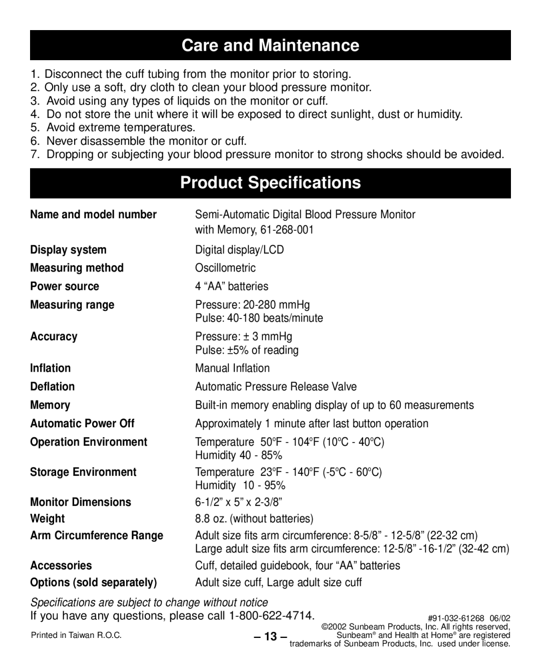 Sunbeam Semi-Automatic Blood Pressure Monitor with Memory instruction manual Care and Maintenance, Product Specifications 